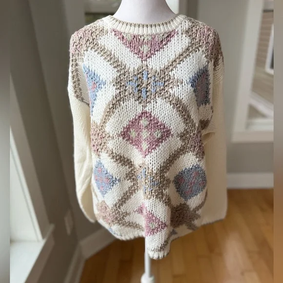 Vintage 80s 90s Hunters Run Tan White Pink Argyle Knit Sweater Size Large - Picture 8 of 8